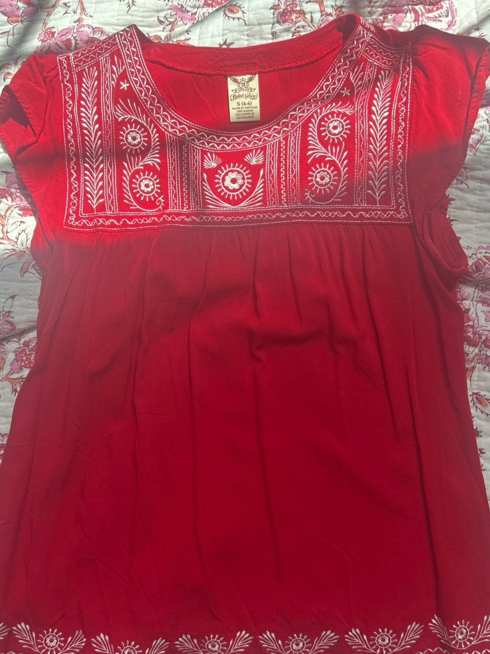Faded Glory Red Short-Sleeve Embroidered Tunic Top